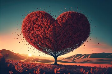 Fototapeta na wymiar Tree of love. Red heart shaped tree at sunset. Beautiful landscape with red tree and falling leaves.Love background. Generative AI