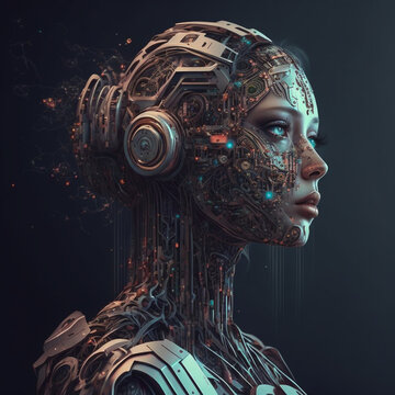 weiblicher Roboter, Roboterkopf, Cyborg, menschlicher Roboter, k&uuml;nstliche Intelligenz kopf, AI generated art