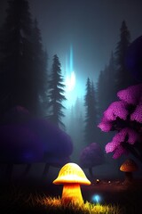 beautiful and mystical mistry forest in the night with a glowing mushroom