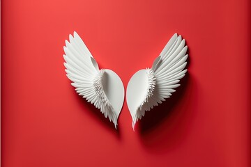 Obraz premium Two white paper hearts with wings on red back ground with copy space. Valentine's day concept. Generative AI