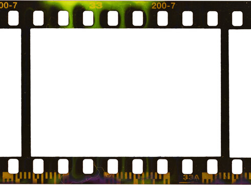 single dark film strip border isolated, empty film frame with chemical developing smear marks.