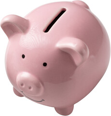 Pink pig piggy bank with American banknotes 100 dollar bills on a white background.