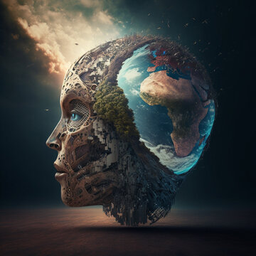 KI &uuml;bernimmt die Welt, K&uuml;nstliche Intelligenz hat das Wissen der ganzen Menschheit, Gehirn KI, Erdkugel ist Kopf der k&uuml;nstlichen Intelligenz, AI generated art