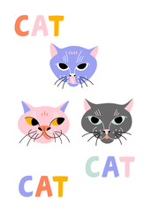 Funny faces of cats with tongues sticking out. Vector illustration of animals for poster or card