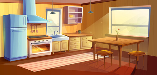 Vector cartoon style illustration of kitchen room. Dining room with dining wooden table. Fridge, oven with a stove and hob, sink, kabinets and extractor hood.