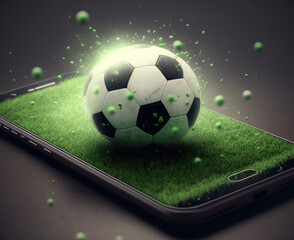 Smartphone with Golden football for Sport online Betting application and live sport streaming concept , Generative AI - 564351787
