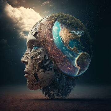 KI &uuml;bernimmt die Welt, K&uuml;nstliche Intelligenz hat das Wissen der ganzen Menschheit, Gehirn KI, Erdkugel ist Kopf der k&uuml;nstlichen Intelligenz, AI generated art