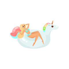 Cartoon woman on inflatable unicorn ring vector illustration. Doodle of girl sunbathing isolated on white background. Summer, vacation concept