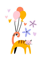 Cute cartoon cat with inflatable balls and flowers. Childish card with animals.