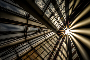 Sun shining through metal and glass architecture.
