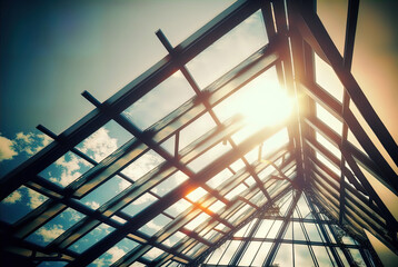 Sun shining through metal and glass architecture.