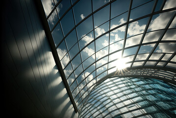 Sun shining through metal and glass architecture.
