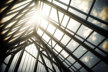 Sun shining through metal and glass architecture.