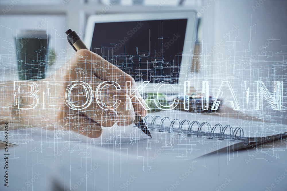 Poster cryptocurrency hologram, bitcoin, ico theme over hands taking notes background. concept of blockchai