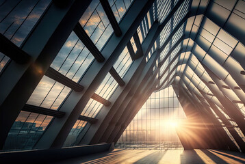 Obraz premium Sun shining through metal and glass architecture.