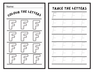 Alphabet letters tracing worksheet with alphabet letter F. Basic writing practice for kindergarten kids worksheet ready to print vector illustration