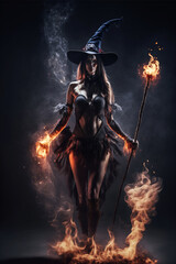 Naklejka premium Seductive sexy witch wearing gothic dress with broom and flames. Designed using generative ai