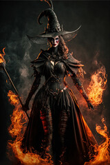 Seductive sexy witch wearing gothic dress with broom and flames. Designed using generative ai