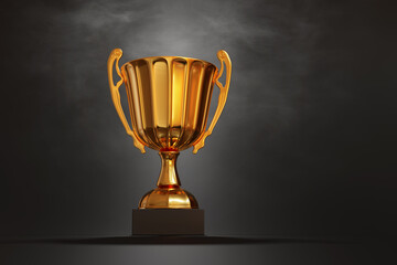 Golden trophy on misty dark background. Illustration of the concept of triumph, victory, champion and winner