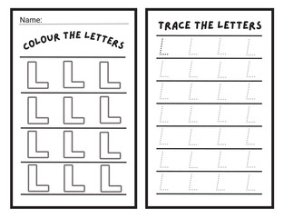 Alphabet letters tracing worksheet with alphabet letter L. Basic writing practice for kindergarten kids worksheet ready to print vector illustration