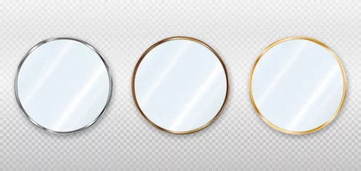 Fotobehang Realistic round mirrors in metal, bronze and gold frames. Reflective glass plate. 3d vector illustration isolated on transparent background. © Larysa