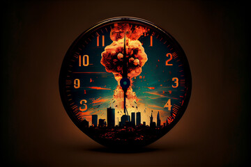 Doomsday clock showing 90 seconds to midnight against nuclear war background. Generating Ai