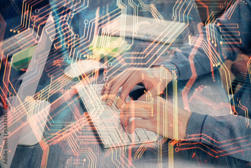 Poster Technology theme hologram with man working on computer on background. High tech concept. Multi exposure.