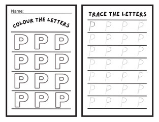Alphabet letters tracing worksheet with alphabet letter P. Basic writing practice for kindergarten kids worksheet ready to print vector illustration