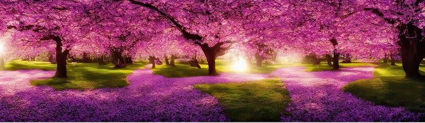 panoramic image of bright and beautiful pink cherry blossoms in bloom during the spring season. Seasonal image by generative AI