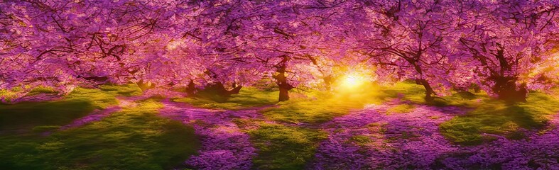panoramic image of bright and beautiful pink cherry blossoms in bloom during the spring season. Seasonal image by generative AI