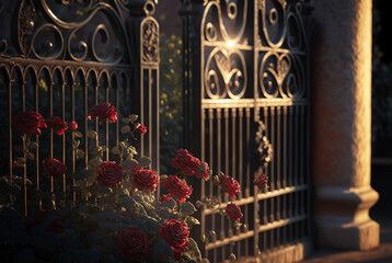 Morning sunshine adorable red roses Chinese classical walls and gates in the background,generative ai.