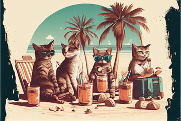 Image of A group of cats on vacation on the beach. Cats sit under palm trees and drink cocktails. AI generated. printed on Printed Glass Splashbacks