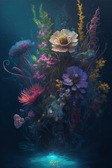 Fototapeta na wymiar a bunch of flowers that are in the water, plant, underwater, spring, art illustration