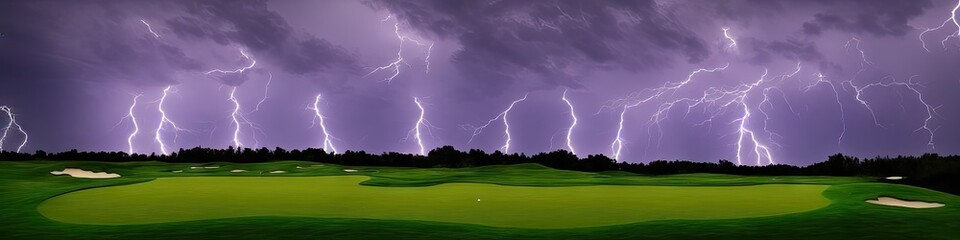 A dark and stormy night on the golf course - panoramic extra wide view of a gorgeous, well-maintained green golf course hit with a lightning storm and rain by generative AI