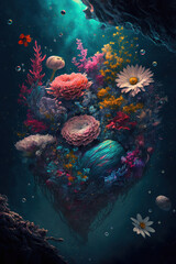 a bunch of flowers that are in the water, plant, underwater, spring, art illustration