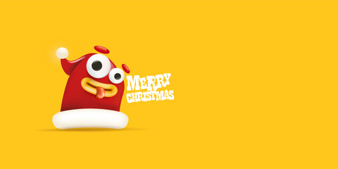 Vector cartoon happy Santa Claus red hat character with eyes and mouth isolated on orange Christmas background. Merry Christmas greeting card, poster and horizontal banner with funny Santa Claus hat