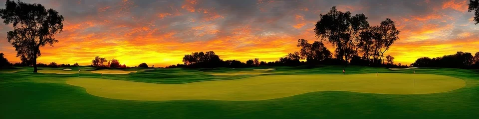 Foto op Aluminium The sun sets on the golf course - panoramic extra wide view of a gorgeous, well-maintained green golf course during a gorgeous sunset by generative AI © Brian
