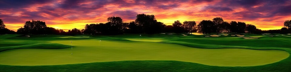 The sun sets on the golf course - panoramic extra wide view of a gorgeous, well-maintained green golf course during a gorgeous sunset by generative AI