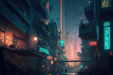 Neon Nightscape, bustling cyberpunk metropolis alive with activity, soaring skyscrapers and holographic billboards. A high-tech city creating a surreal, otherworldly atmosphere.