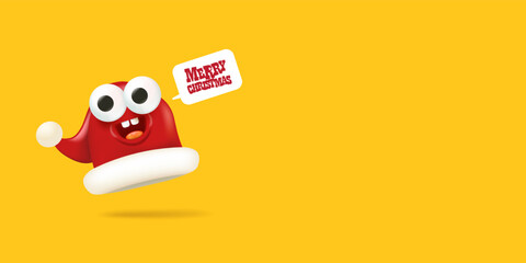 Vector cartoon happy Santa Claus red hat character with eyes and mouth isolated on orange Christmas background. Merry Christmas greeting card, poster and horizontal banner with funny Santa Claus hat