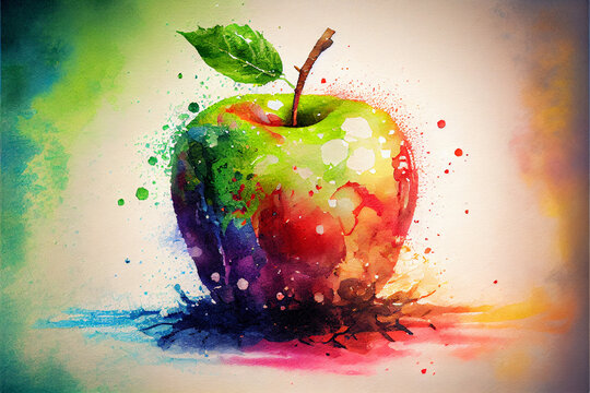 Oil or watercolor paint, apple on a colorful background. AI generated.