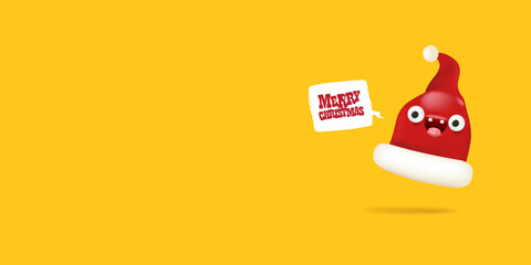 Vector cartoon happy Santa Claus red hat character with eyes and mouth isolated on orange Christmas background. Merry Christmas greeting card, poster and horizontal banner with funny Santa Claus hat