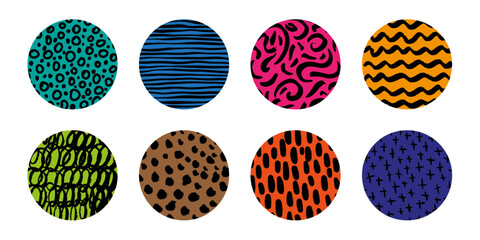 Abstract circle hand drawn graphic pattern. Dotted  background with circles. Design element for web banners, posters, cards, wallpapers, sites. Blue, pink, yellow, orange, green and turquoise color.