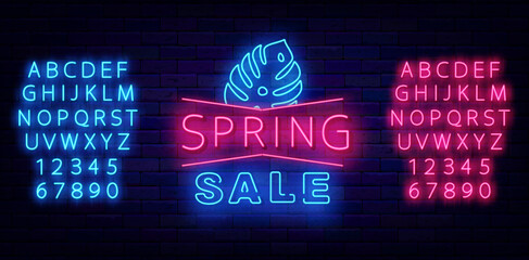 Spring sale neon label. Monstera tropical leaf. Season special offer. Light blue and pink alphabet. Vector illustration
