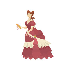 Victorian woman holding letter vector illustration. Cartoon female character in classic Victorian style costume isolated on white background. History, fashion concept.