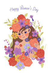 Postcard or poster for the eighth of March with a girl and flowers. Vector graphics.