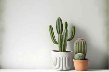 Small cacti with a white wall background photography made with Generative AI technology