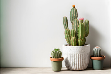 Small cacti with a white wall background photography made with Generative AI technology