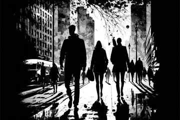 Pedestrians silhouette in a crowded city background silhouette full of skyscrapers, with a black and white color theme on a sunny day