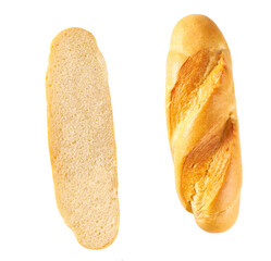 halved french baguette isolated on white background. Baguette cut in half.